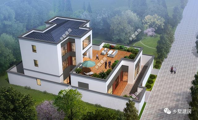 三層自建別墅設(shè)計圖，有院子+雙廚房+大露臺，附裝修圖