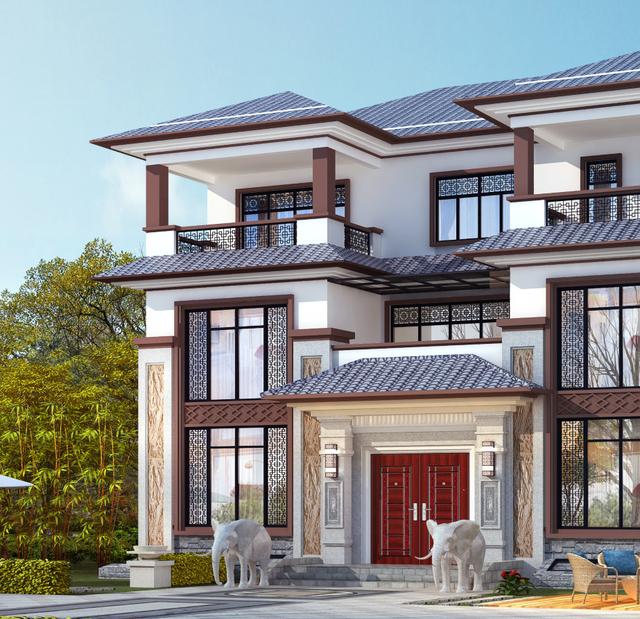 大面寬的三層中式別墅設計圖，占地方正，左右對稱，帶地下室。