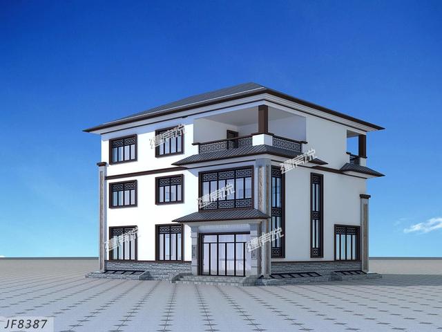 大面寬的三層中式別墅設計圖，占地方正，左右對稱，帶地下室。