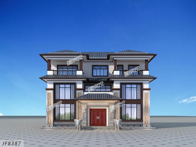 大面寬的三層中式別墅設計圖，占地方正，左右對稱，帶地下室。