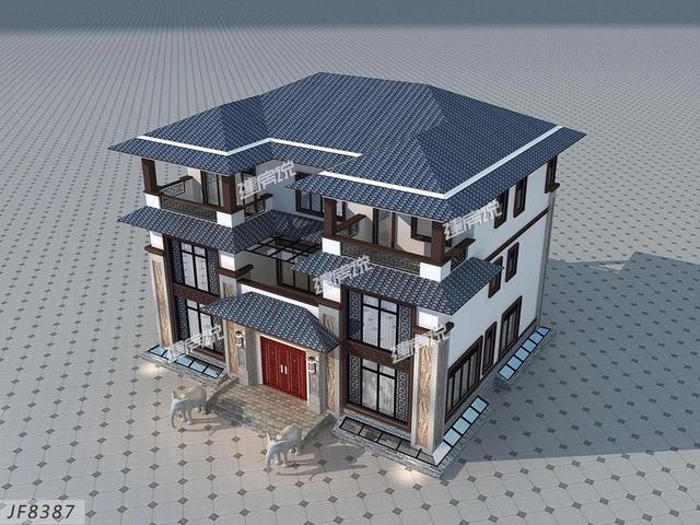 大面寬的三層中式別墅設計圖，占地方正，左右對稱，帶地下室。