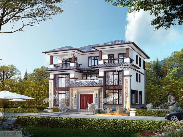 大面寬的三層中式別墅設計圖，占地方正，左右對稱，帶地下室。