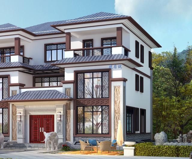 大面寬的三層中式別墅設計圖，占地方正，左右對稱，帶地下室。