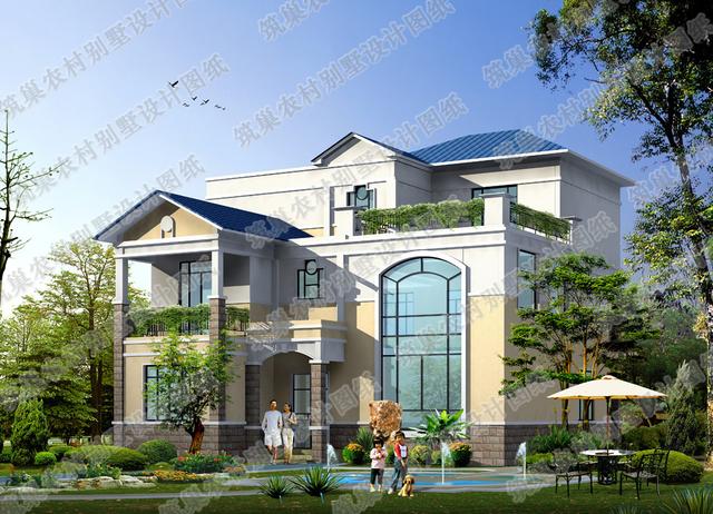 13.5米×14.3米三層復式別墅設計圖，設計美觀大氣，帶大露臺，造價35萬。