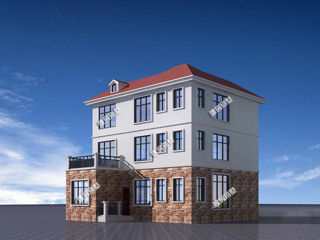 11.76mx9.76m三層別墅設計圖，帶客廳挑空+旋轉樓梯+獨立廚房設計，是一款不錯的鄉村三層房型。