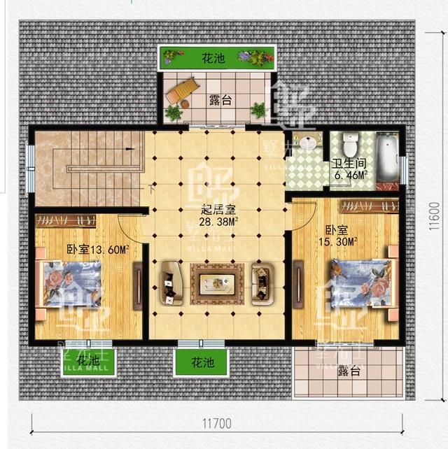 占地134平的田園風(fēng)一層別墅設(shè)計圖，帶閣樓，造價23萬以內(nèi)。