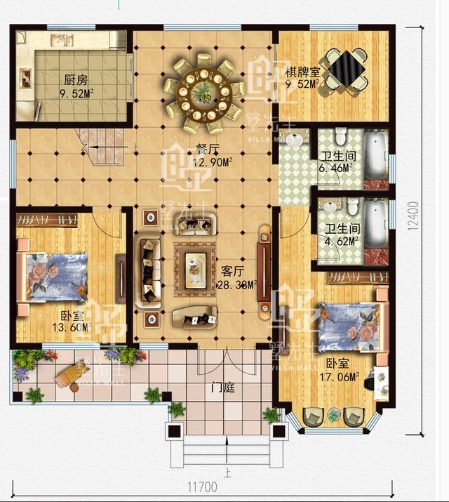 占地134平的田園風(fēng)一層別墅設(shè)計圖，帶閣樓，造價23萬以內(nèi)。