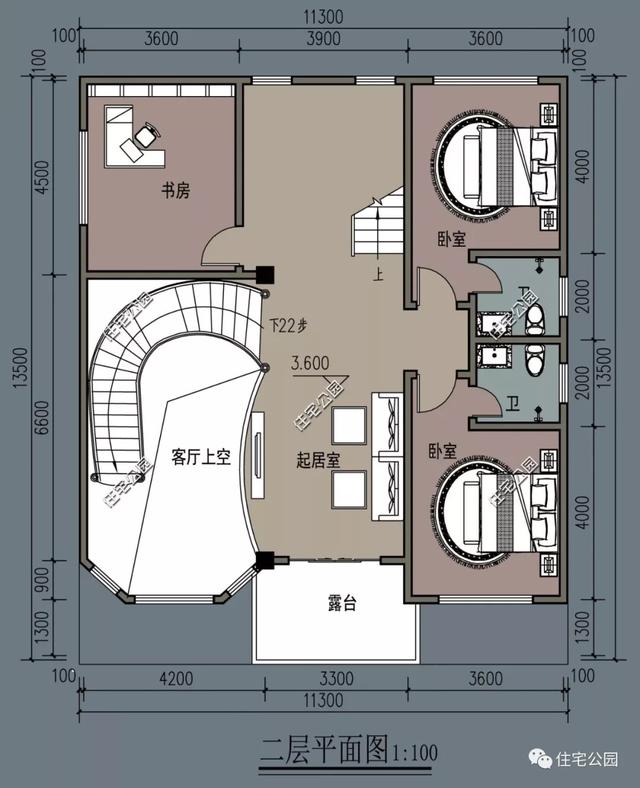 11×13米三層經(jīng)典歐式別墅設(shè)計(jì)圖，帶挑空客廳和大露臺(tái)。