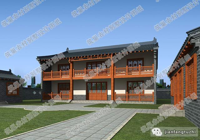 19×16米中式二層四合院別墅設計圖，挑空大客廳+旋轉樓梯，功能齊全，造價65萬。