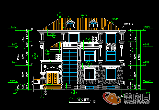 15x14三層半農村別墅設計圖，帶地下室，漂亮大方。