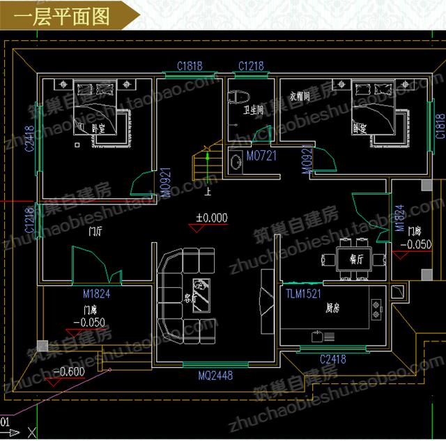 帶落地窗復(fù)式二層別墅施工圖，15×11米，清新自然，設(shè)計(jì)很有立體感