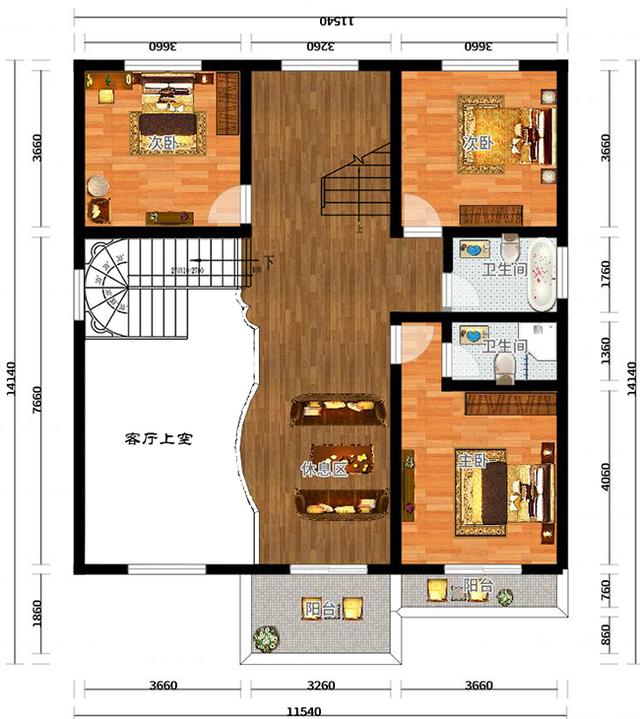 三層豪華復(fù)式別墅設(shè)計圖，挑空客廳+旋轉(zhuǎn)樓梯