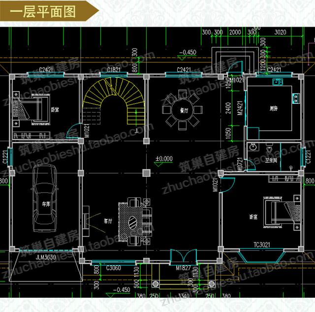 復式二層帶車庫+落地窗農村獨棟別墅全套施工效果圖，12X14米，造價32萬左右