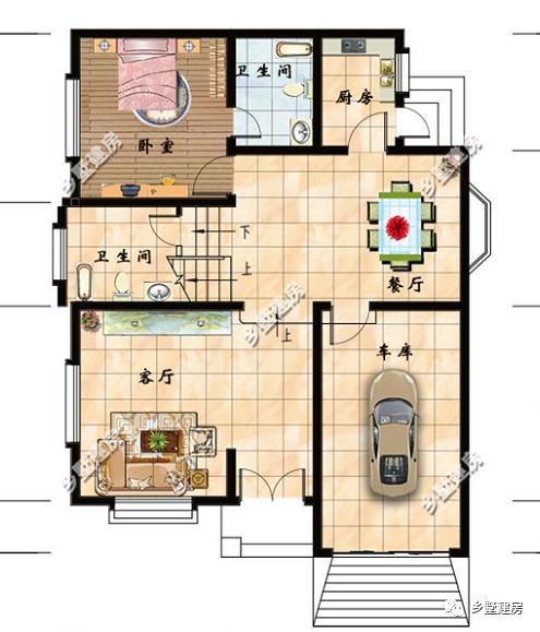 9x12米二層半農村別墅設計圖，帶車庫，外觀造型簡約、大氣。