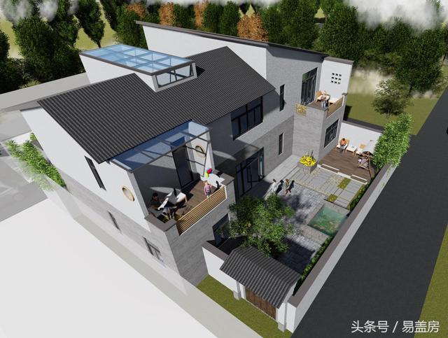 17.9m×12.2m二層新中式別墅設計圖，帶樓梯天井+4大露臺，造價48萬。