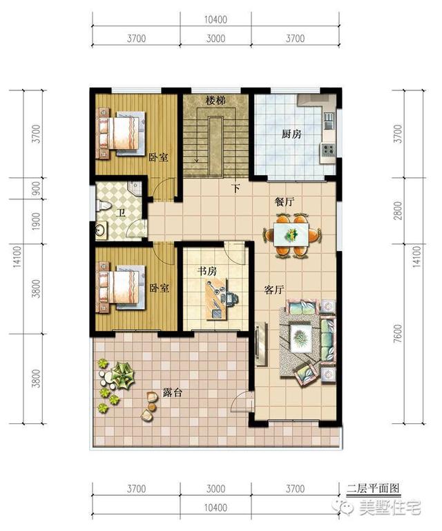 10X14米農村二層平頂別墅設計圖，簡約大方，3室4廳，布局實用造價低。