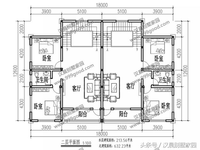 18X12.6米三層兄弟雙拼別墅設計圖，帶閣樓，經典低調，兄弟同堂不分家