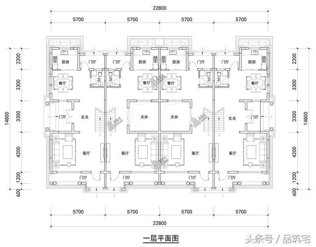 四聯排法式別墅設計圖，花園+庭院，整體造型大氣恢弘