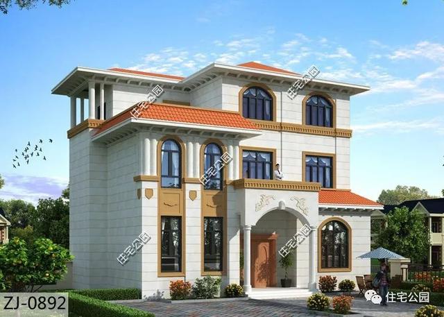 三層歐式農村別墅設計圖，外觀華美，帶大露臺，雙入戶門的設計實用方便