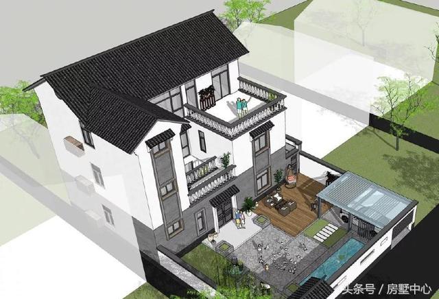 三層中式園林風格別墅設計圖，涼亭池塘應有盡有，一家人其樂融融