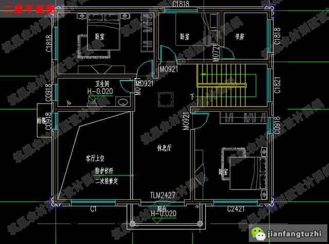 復式二層帶落地窗別致優雅農村別墅設計施工圖，25萬左右，12×11米，3廳5臥