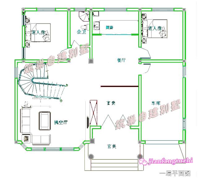 三層復(fù)式別墅設(shè)計圖，150平2廳7臥磚混結(jié)構(gòu)，帶半旋轉(zhuǎn)樓梯+車庫+露臺