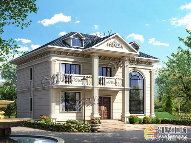 二層簡歐農村別墅設計圖，挑高復式客廳，配色簡單，整體方正大方