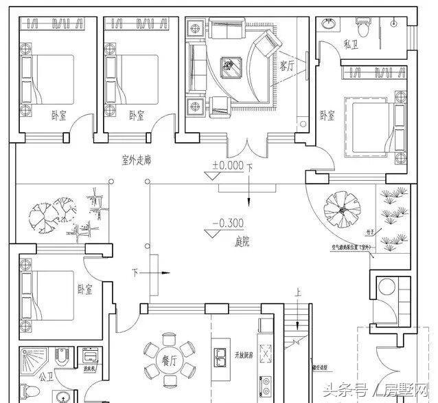 一層新中式別墅設計圖，造型相對簡單，超大露臺設計，這別墅住的太舒心