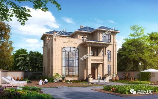 13.4米x12.5米三層歐式別墅設計圖，內帶堂屋+健身房，回鄉建一棟，生活太享受