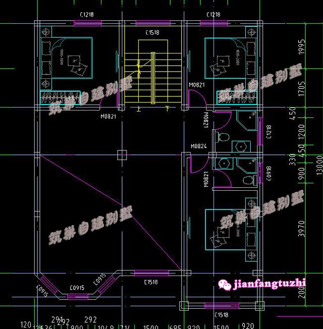 實用四層農(nóng)村別墅設(shè)計圖，10x13米2廳9臥，空間利用高。