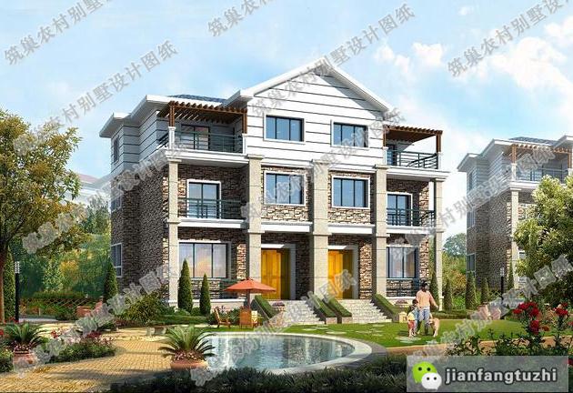 三層雙拼別墅設計圖，獨特設計，優雅別致，清新淡雅。