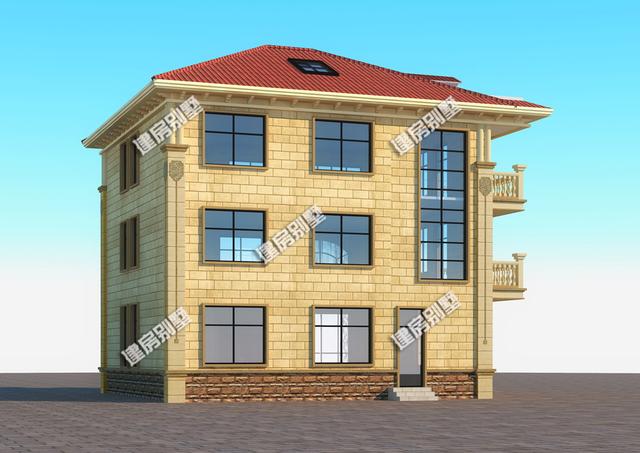 三層別墅設計圖，內設健身房、開放式廚房，還有飄窗、旋轉樓梯。