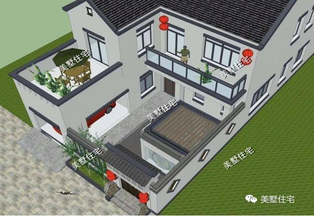 小宅基地中式合院設(shè)計(jì)圖，10x21小別墅，4室1廳帶車庫。