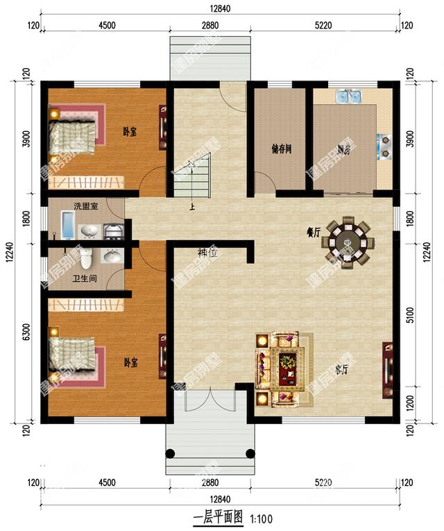 磚混結構三層別墅設計圖，12.8X12.2米，外觀清爽，布局舒服