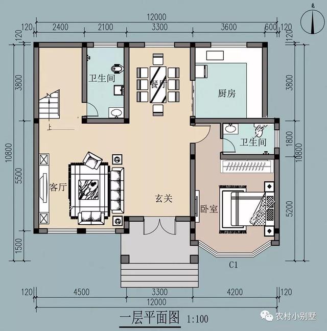美式簡約風二層農村別墅設計圖，12X10.8米，落地采光窗+坡屋頂