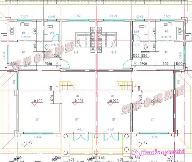 農村雙拼別墅全套設計施工圖，磚混結構，造型簡約大方