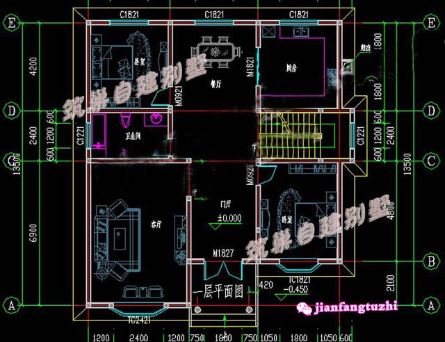 12.6米x13.5米農(nóng)村二層自建房，戶(hù)型簡(jiǎn)約方正，造價(jià)經(jīng)濟(jì)（含2張效果圖全套施工圖）