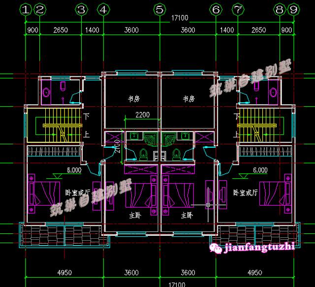 17米x10.8米三層雙拼別墅設(shè)計(jì)圖，適合二代居或三代居，造價(jià)低廉