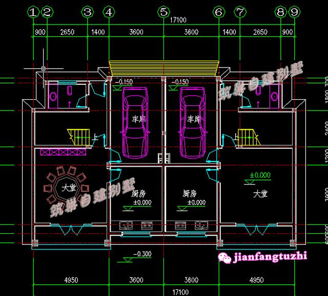 17米x10.8米三層雙拼別墅設(shè)計(jì)圖，適合二代居或三代居，造價(jià)低廉
