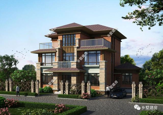 復(fù)古三層小洋樓別墅設(shè)計(jì)圖，別致的造型和配色，注定成為農(nóng)村一道靚麗的風(fēng)景線。