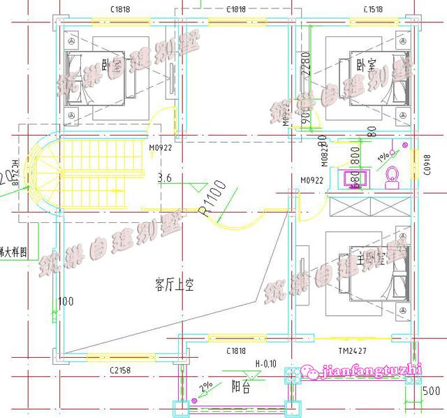 三層小洋樓別墅設計圖，旋轉樓梯車庫露臺，面寬11米。