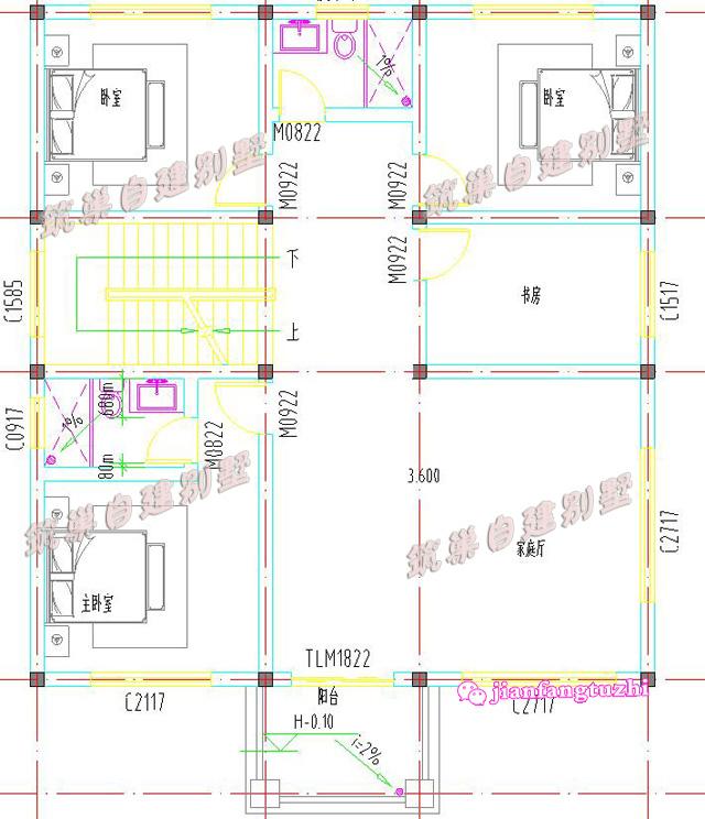 三層小洋樓別墅設計圖，旋轉樓梯車庫露臺，面寬11米。