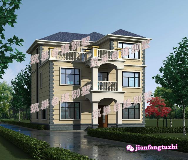 三層小洋樓別墅設計圖，旋轉樓梯車庫露臺，面寬11米。