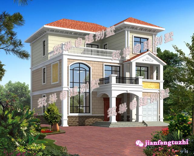 三層小洋樓別墅設計圖，旋轉樓梯車庫露臺，面寬11米。