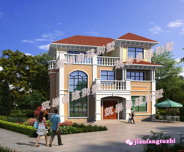 三層小洋樓別墅設計圖，旋轉樓梯車庫露臺，面寬11米。