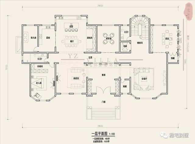 三層千平歐式豪華別墅設計圖，挑空客廳，頂層八角涼亭。