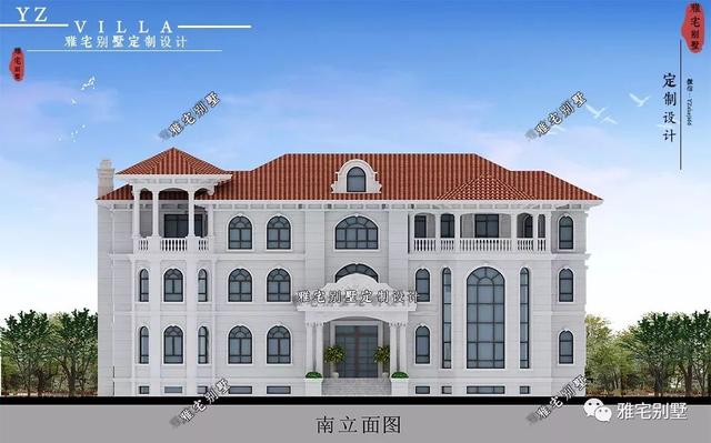 三層千平歐式豪華別墅設計圖，挑空客廳，頂層八角涼亭。