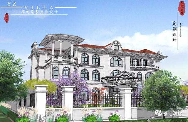 三層千平歐式豪華別墅設計圖，挑空客廳，頂層八角涼亭。