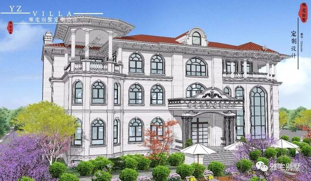 三層千平歐式豪華別墅設計圖，挑空客廳，頂層八角涼亭。