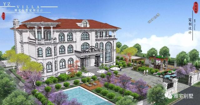 三層千平歐式豪華別墅設計圖，挑空客廳，頂層八角涼亭。